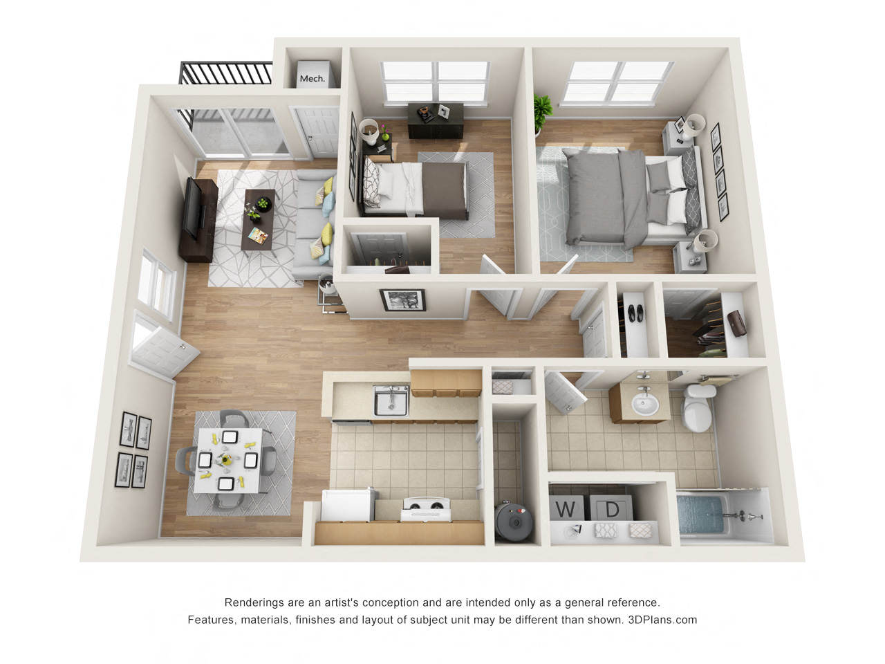 Floor plan for 2 beds, 1 bath, 915 sqft
